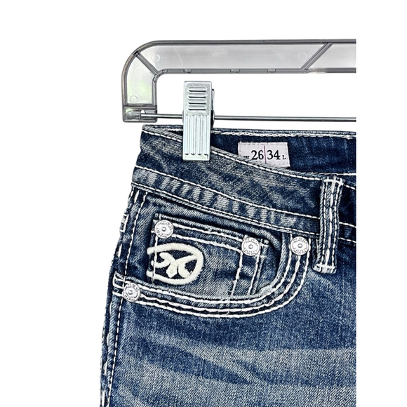 Mek Denim Brisbane Y2K Embroidered Studded Slim Boot Cut Jeans Size 26x34 Rave - Picture 4 of 6